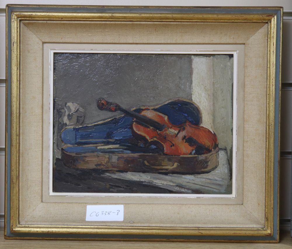 20th century Continental School, oil on board, Still life of a violin, 20 x 25cm
